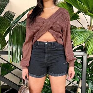 Brown Reversible Criss-Cross Crop Sweater